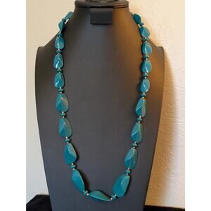Vintage Teal Acrylic Bead Long Necklace W/ Fold Over Clasp